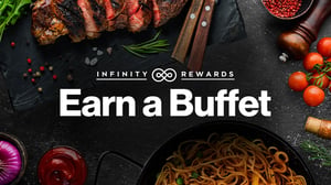 A overhead shot of a sample buffet entrées with the text Infinity Rewards - Earn a Buffet.