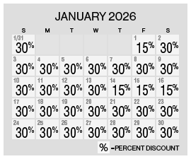 Image of discount rate calendar for Grand Sierra Resort Fall Resort Getaway Sale in January 2027.