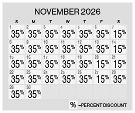Image of discount rate calendar for Grand Sierra Resort Year-End Flash Sale in November 2026.