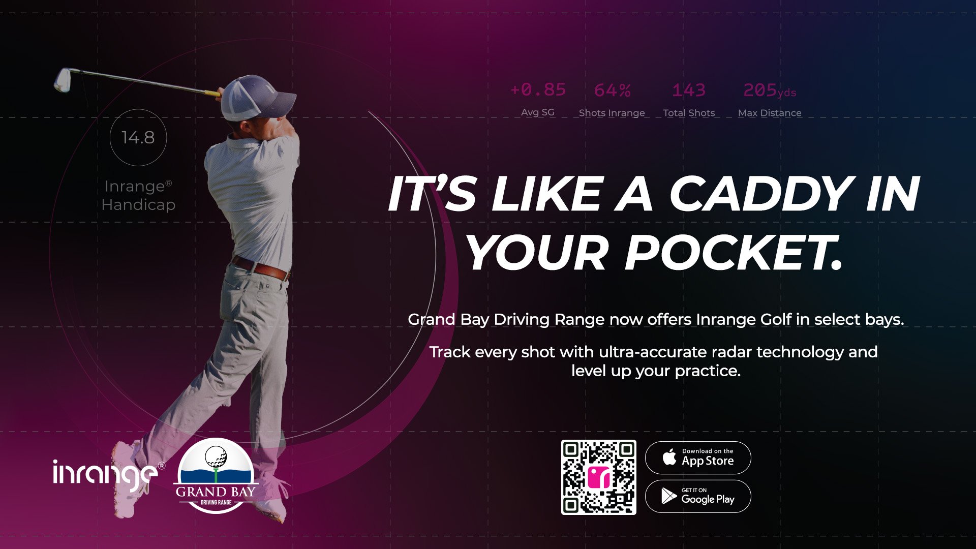 Image of golfer for new feature app called inrange with text, it's like a caddy in your pocket.