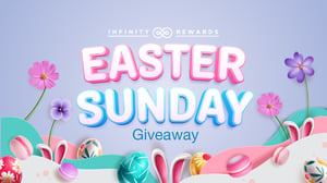 Themed promotion with text Easter Sunday Giveaway with background images of flowers, easter eggs and bunny ears.